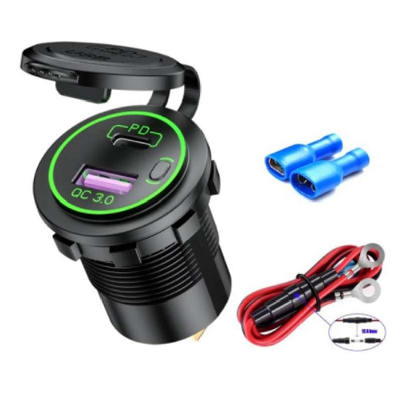 Pd Type C/qc 3.0 Usb Charger with Switch for 12v 24v Car Truck Green