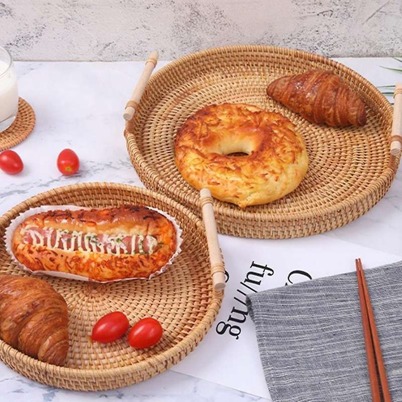 Hand-woven Round Rattan Tray Fruit Snacks Storage Basket Organizer,c