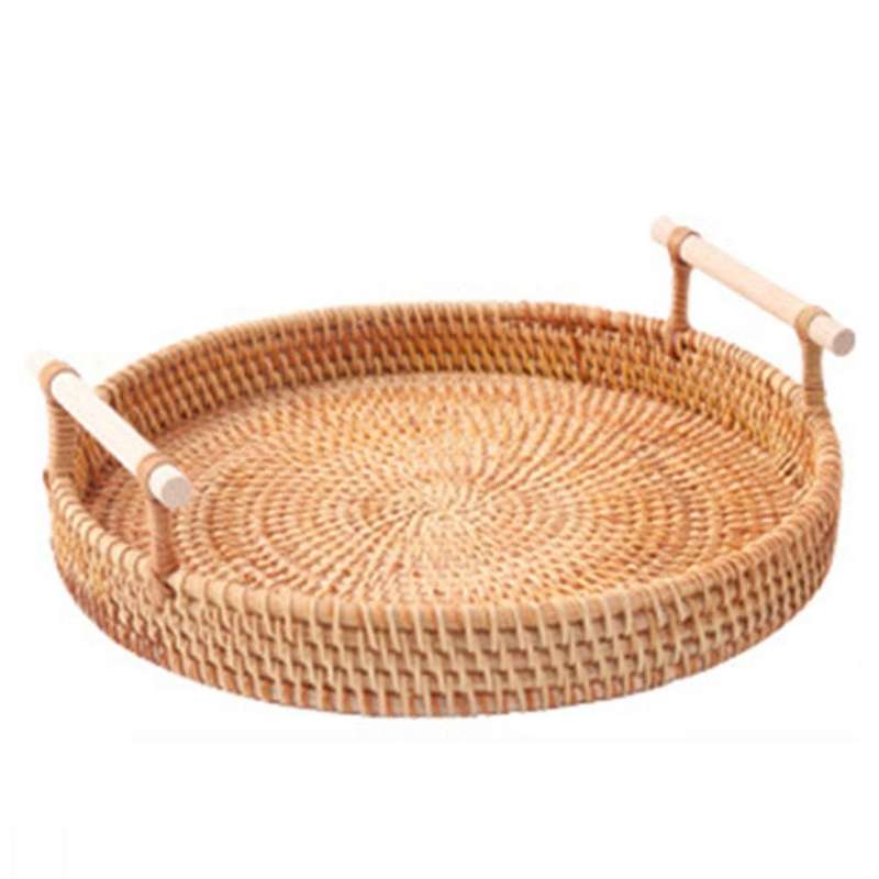 Hand-woven Round Rattan Tray Fruit Snacks Storage Basket Organizer,c