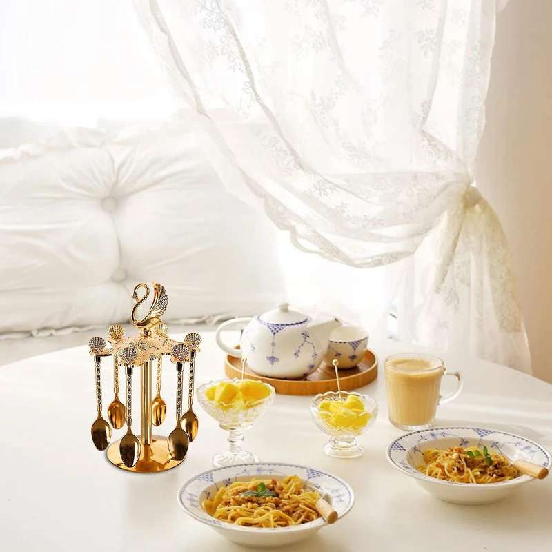 Decorative Swan Base Holder with 6 Spoons for Fruit Ice Cream Cake A