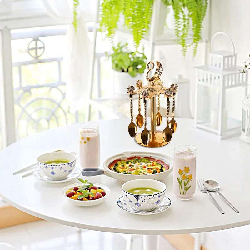 Decorative Swan Base Holder with 6 Spoons for Fruit Ice Cream Cake A