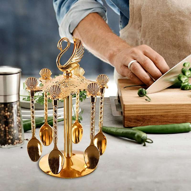 Decorative Swan Base Holder with 6 Spoons for Fruit Ice Cream Cake A