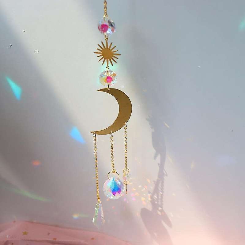 Set Of 4 Moon Sun Hoop Rainbow Crystal Pendant Indoor Decorative