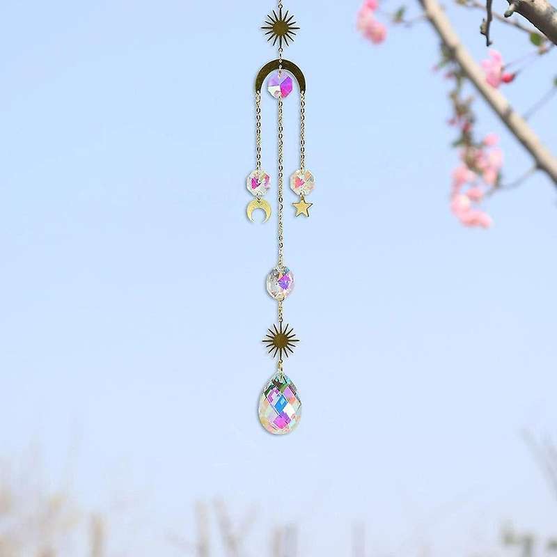 Set Of 4 Moon Sun Hoop Rainbow Crystal Pendant Indoor Decorative