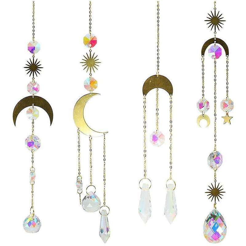 Set Of 4 Moon Sun Hoop Rainbow Crystal Pendant Indoor Decorative