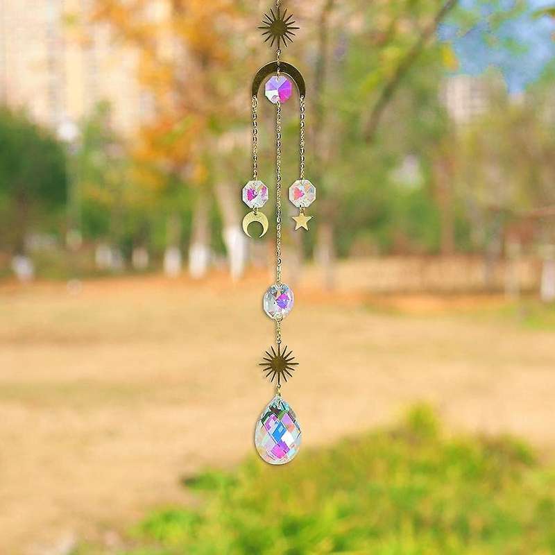 Set Of 4 Moon Sun Hoop Rainbow Crystal Pendant Indoor Decorative