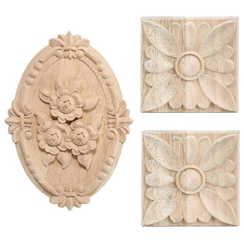 Wooden Carved Onlay Applique Unpainted Carving Decal Flower Door