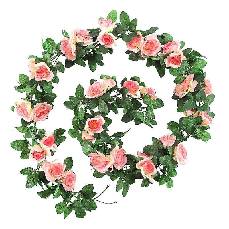 2 Pack 15 Ft Pink Fake Rose Vine Hanging for Wedding Home Champagne