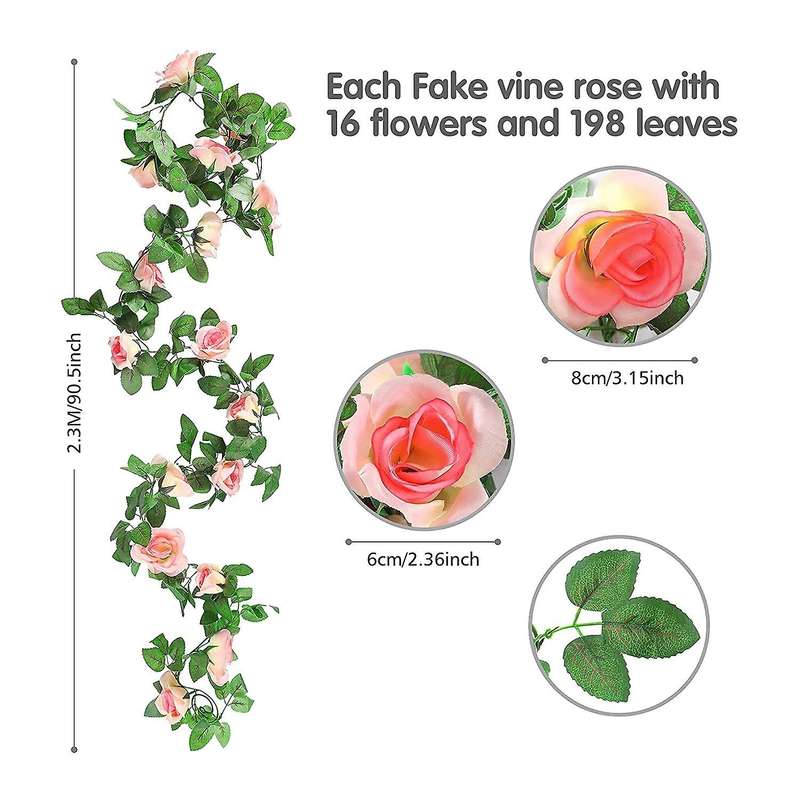 2 Pack 15 Ft Pink Fake Rose Vine Hanging for Wedding Home Champagne