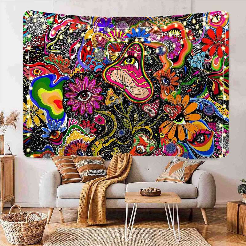 Mushroom Trippy Wall Tapestry Colorful Flowers Tapestry for Home S