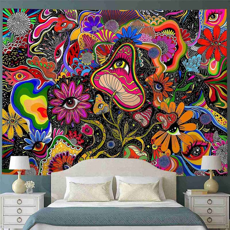 Mushroom Trippy Wall Tapestry Colorful Flowers Tapestry for Home S