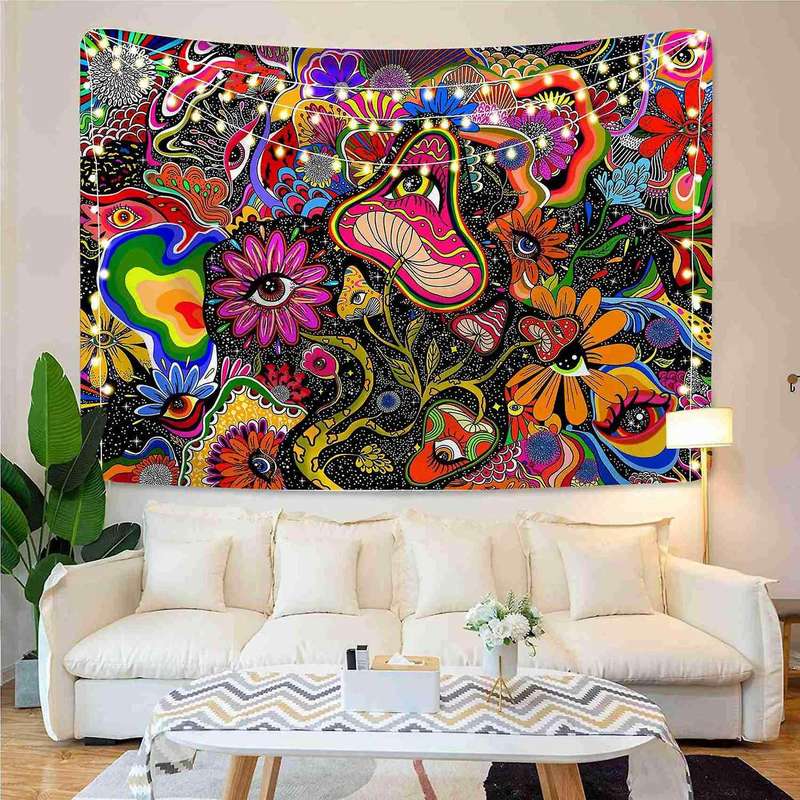 Mushroom Trippy Wall Tapestry Colorful Flowers Tapestry for Home S