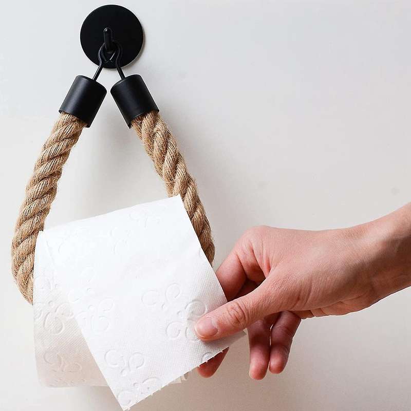 1pc Black Hemp Toilet Roll Holder Vintage Towel Hanging Rope Holder