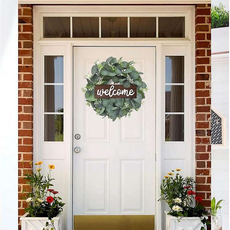 Artificial Eucalyptus Wreath 11inch Welcome Wreath with Wooden Sign