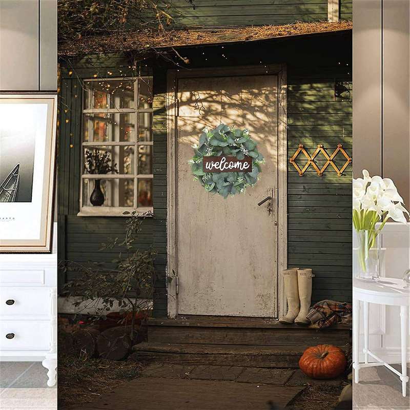 Artificial Eucalyptus Wreath 11inch Welcome Wreath with Wooden Sign