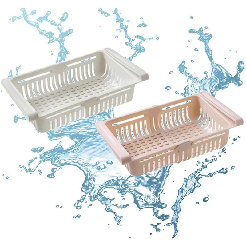 2pcs Retractable Drawer Refrigerator Storage Box, (white+khaki)