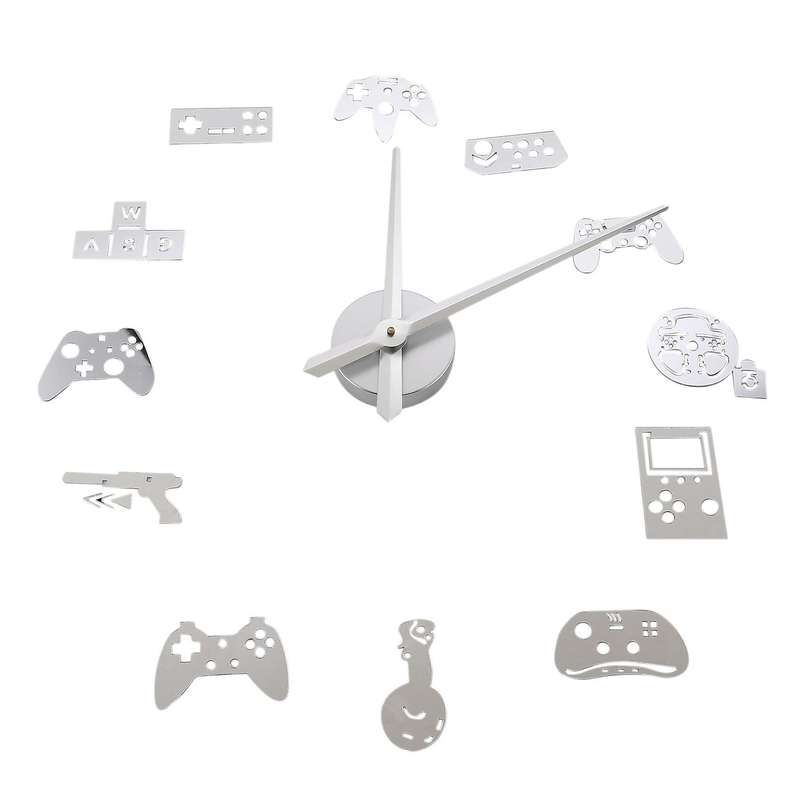 Diy Giant Wall Clock Game Joysticks Stickers Boy Bedroom Decor Silver