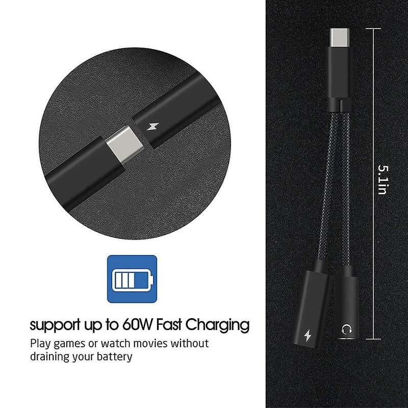 Type C to 3.5mm Headphone and Charger Adapter,2-in-1 Cable(black)