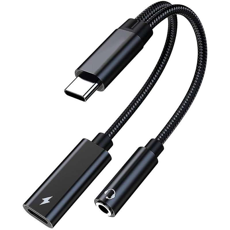 Type C to 3.5mm Headphone and Charger Adapter,2-in-1 Cable(black)