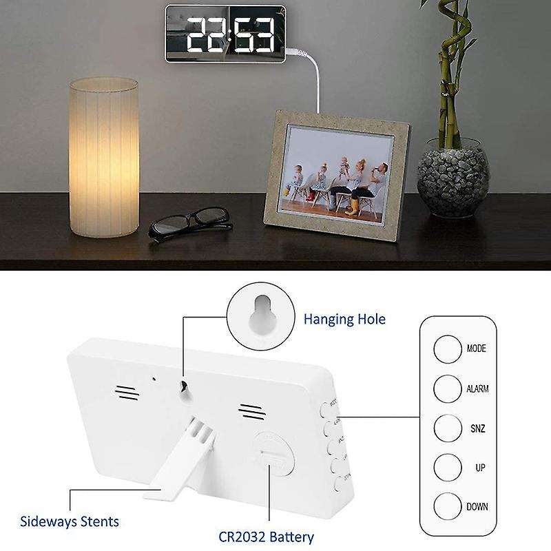 Alarm Clock Large Mirrored Led Display Snooze Mode Bedside Clock