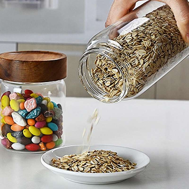 Wood Lid Glass Airtight Canister Food Sealed Grounds Candy Jars A
