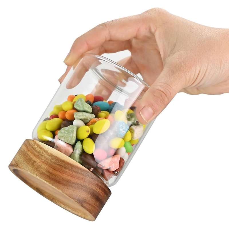 Wood Lid Glass Airtight Canister Food Sealed Grounds Candy Jars A