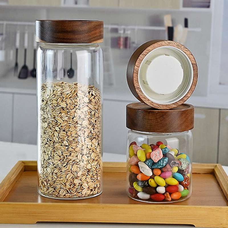 Wood Lid Glass Airtight Canister Food Sealed Grounds Candy Jars A