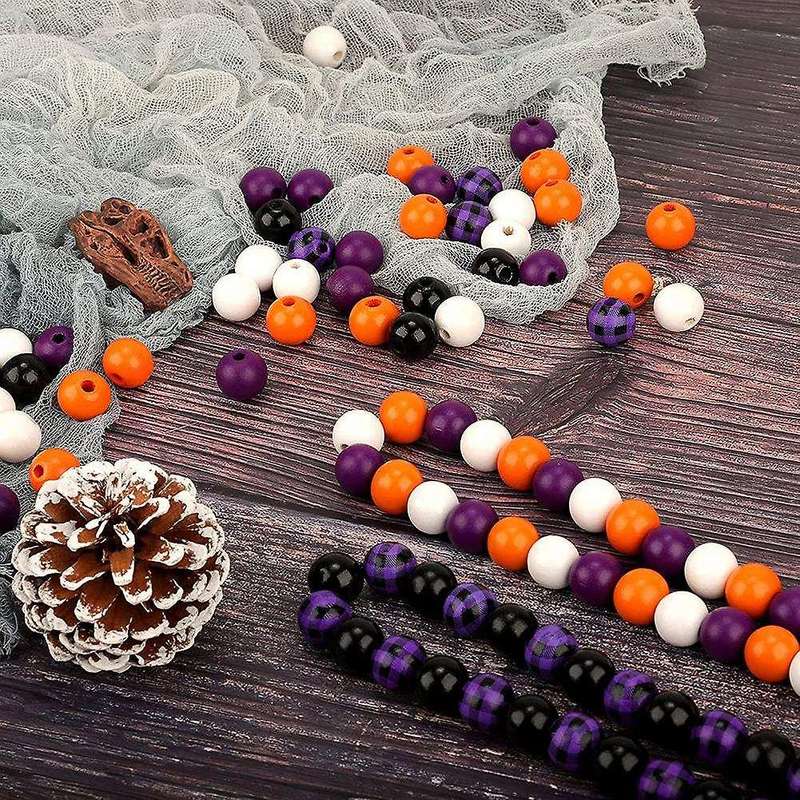 200 Pcs Wooden Beads with Hemp Rope for Fall Black Orange Purple