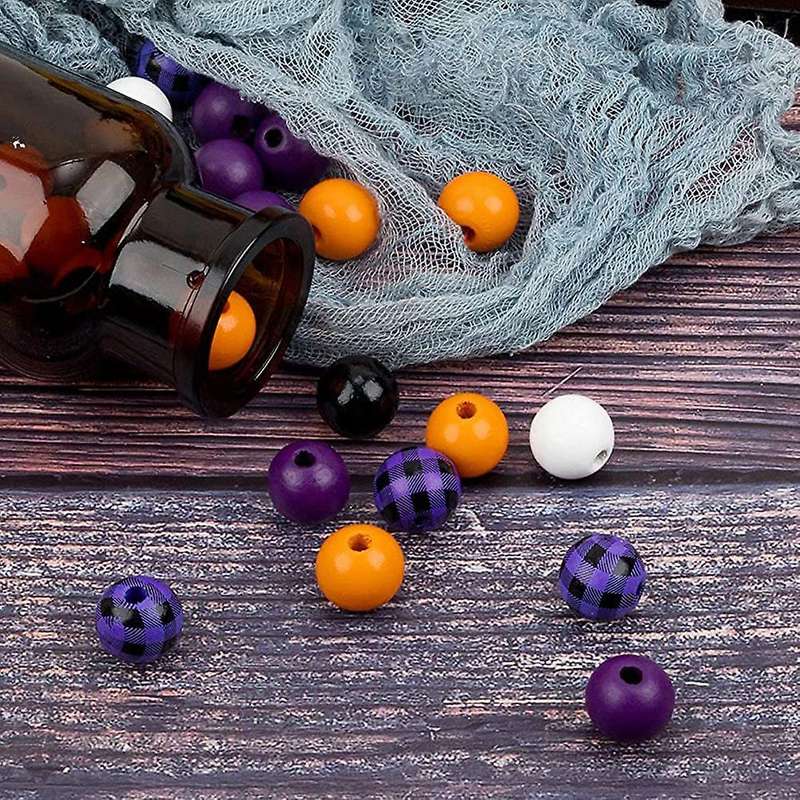 200 Pcs Wooden Beads with Hemp Rope for Fall Black Orange Purple