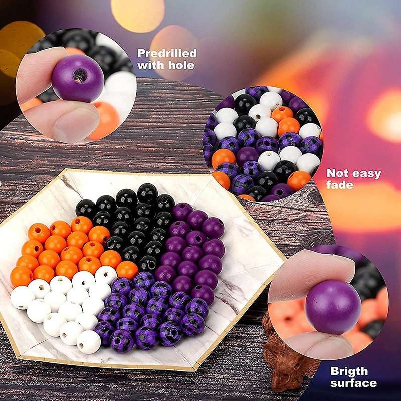 200 Pcs Wooden Beads with Hemp Rope for Fall Black Orange Purple