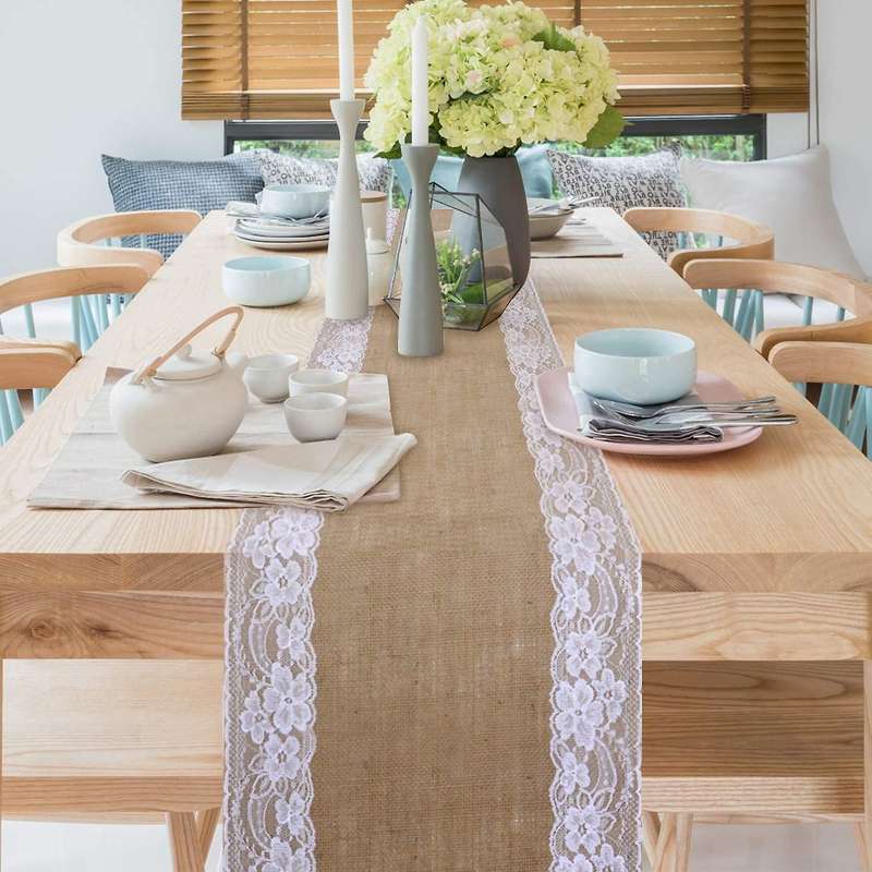 Burlap Lace Table Runner, for Home Party Wedding Decor -12x108 Inch