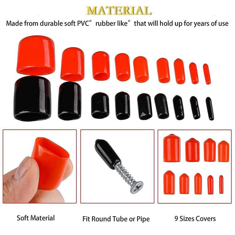 300 Pieces End Caps Black and Red Rubber Thread Protector In 9 Sizes
