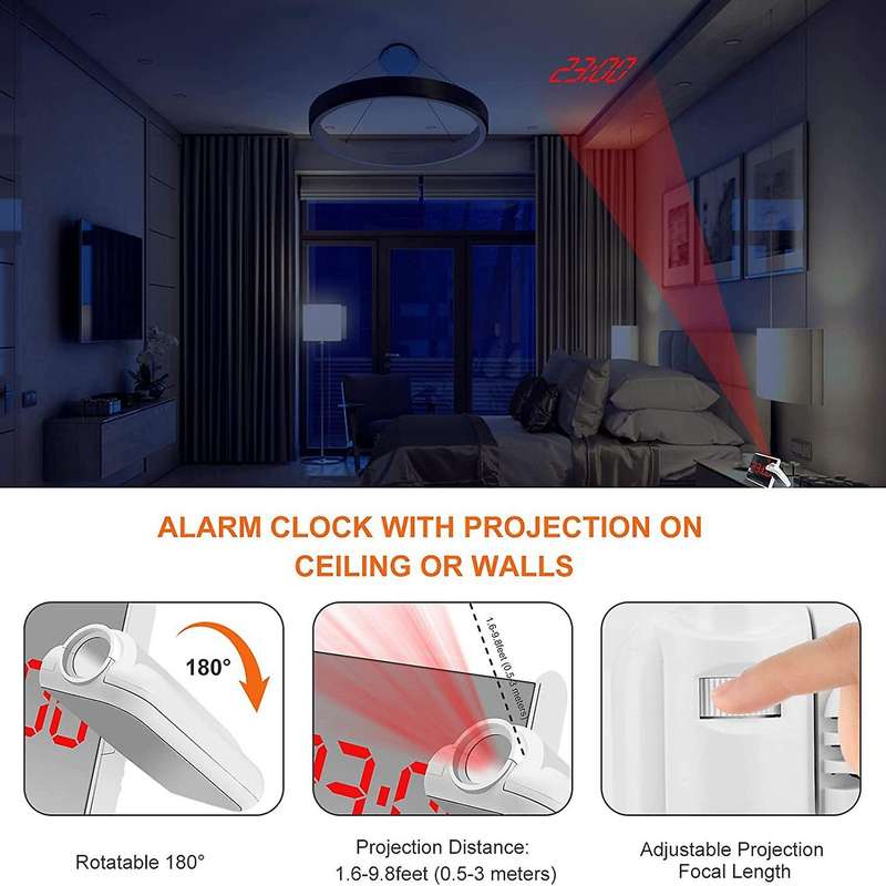 Projection Alarm Clock for Bedroom,6 Inch Led Mirror Alarm Clock