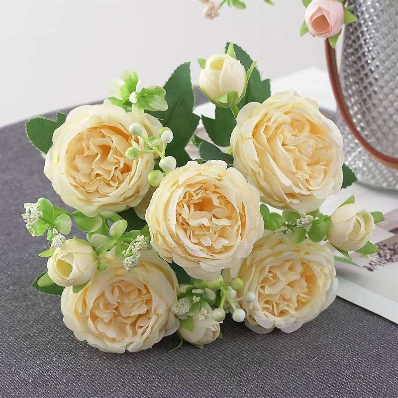 3 Bunches Peony Artificial Flower for Decoration Fake Rose Champagne