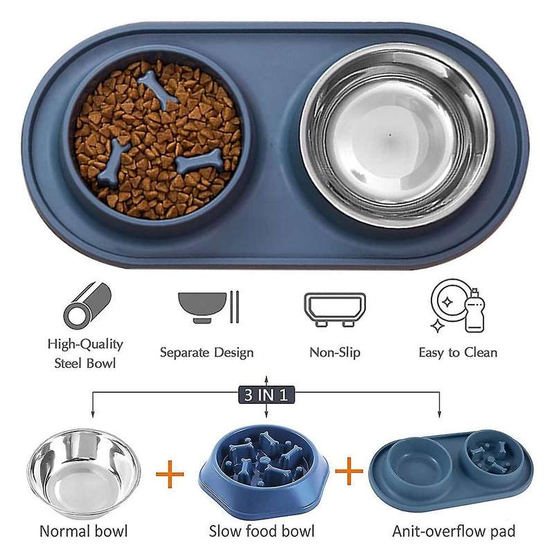 Dogs Feeder Bowl Pet Bowls with Steel Water Bowl for Puppy, Blue