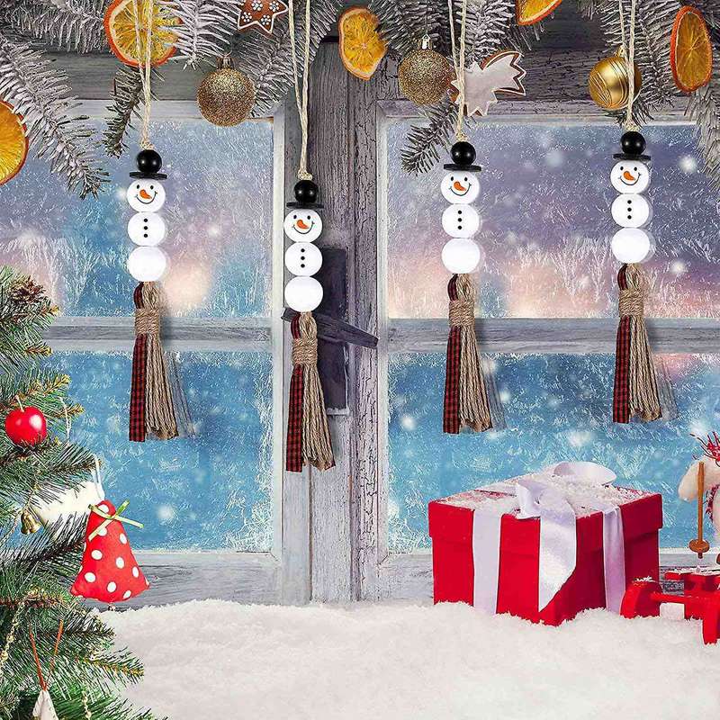 6 Pcs Snowman Wood Bead Garland Christmas Tree Ornaments(red)
