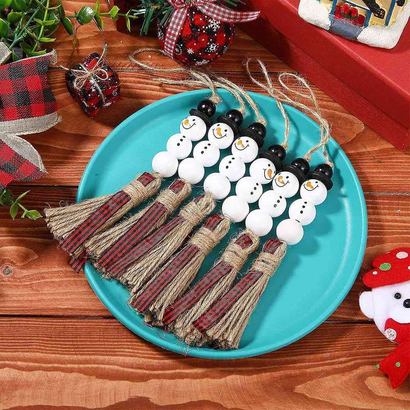 6 Pcs Snowman Wood Bead Garland Christmas Tree Ornaments(red)