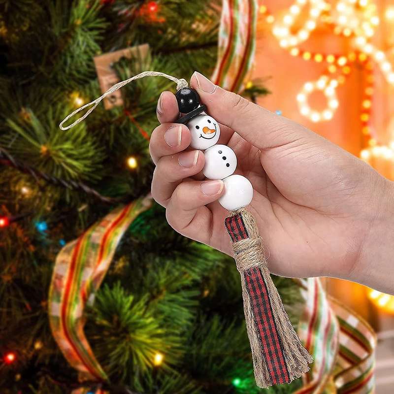 6 Pcs Snowman Wood Bead Garland Christmas Tree Ornaments(red)