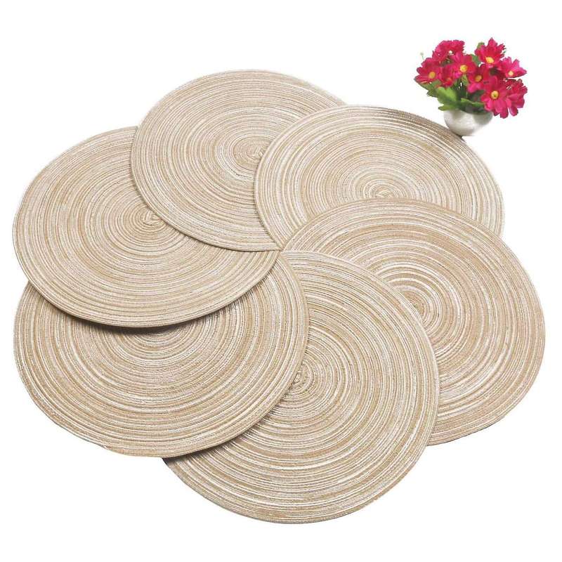 Round Braided Placemats Set Of 6 for Kitchen Table 15 Inch (beige )
