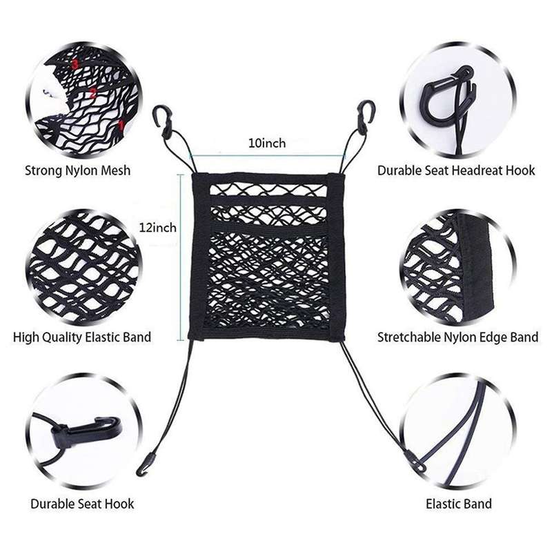 2x 3-layer Car Mesh Organizer, Stretchable Seat Back Net Bag, Barrier