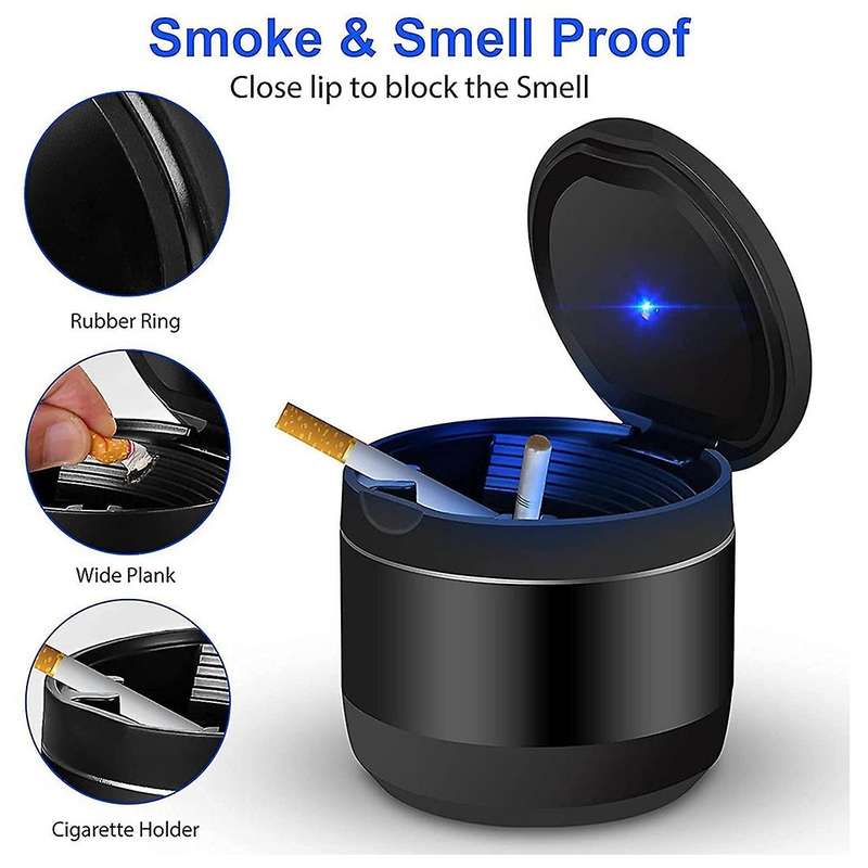 Mini Car Ashtray with Led Light and Lid, for Vehicle Truck (black)