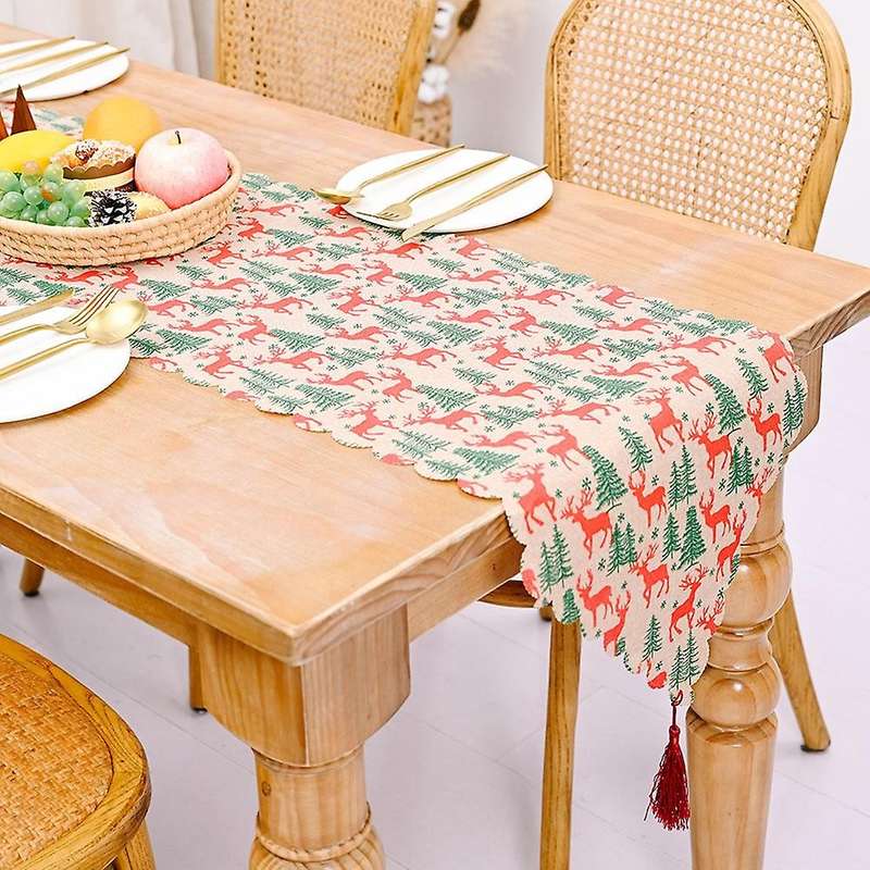 Christmas Linen Printed Table Runner with Tassel Tablecloth Red