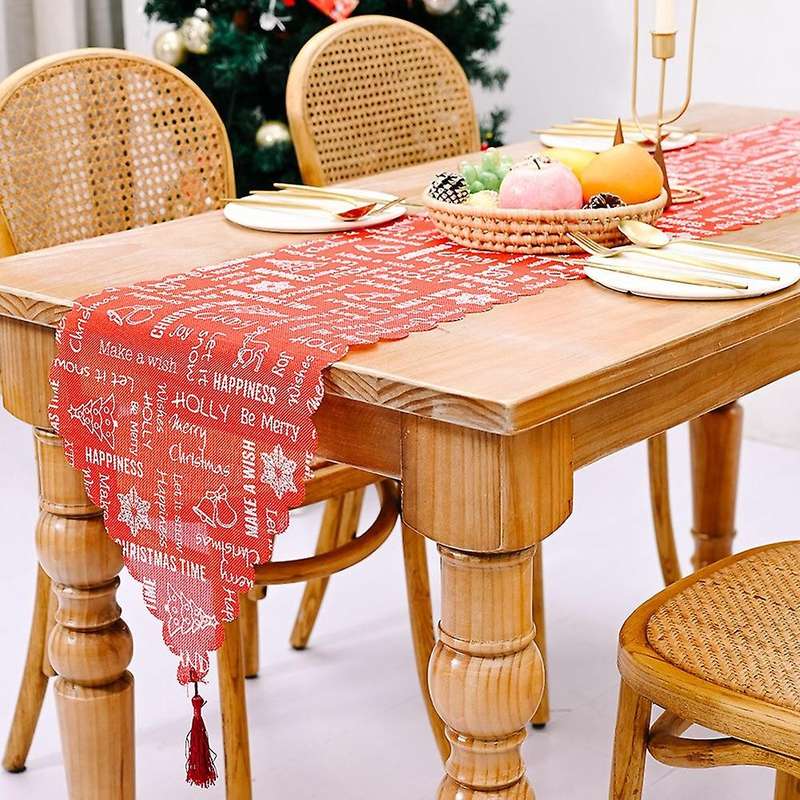 Christmas Linen Printed Table Runner with Tassel Tablecloth Red