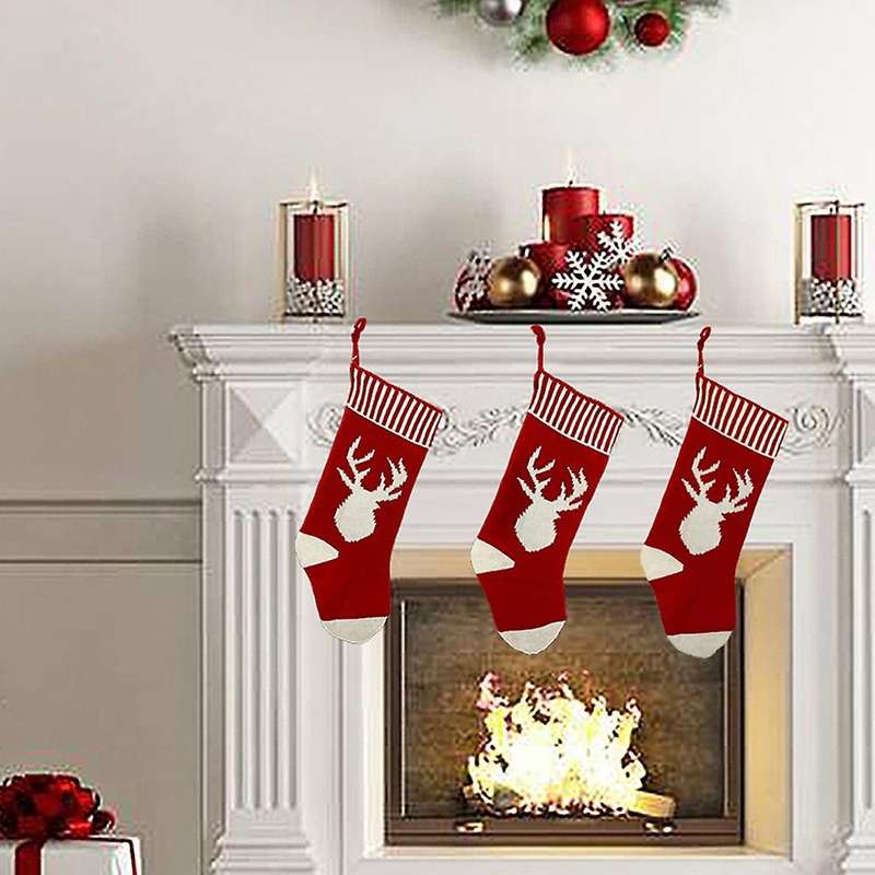3 Pcs Christmas Stocking, Xmas Fireplace Socks Candy Gift Bag, A
