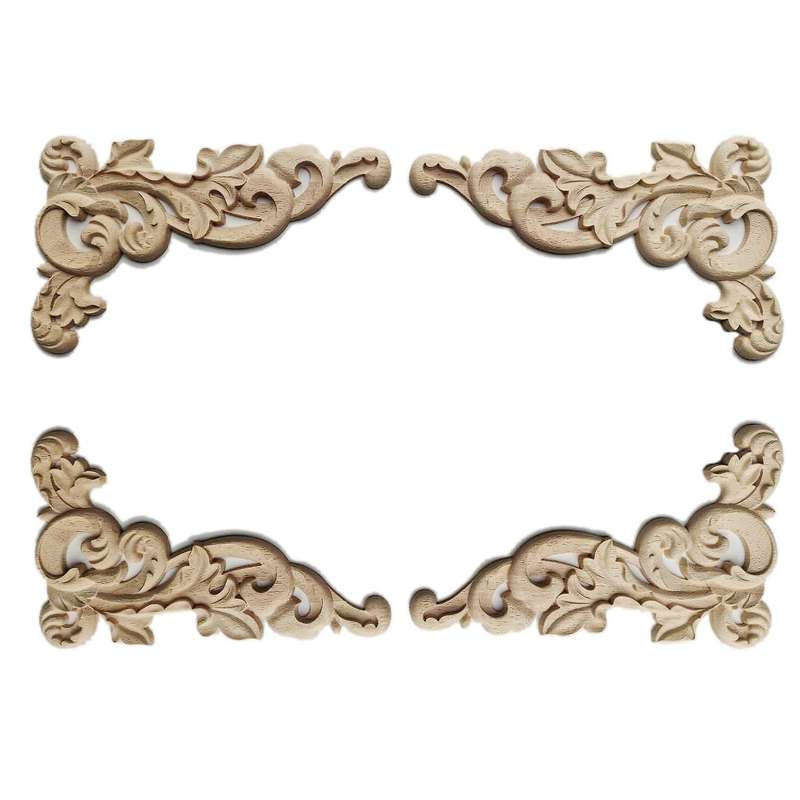 Unpainted Wood Carved Corner Onlay Applique for Furniture Decoration