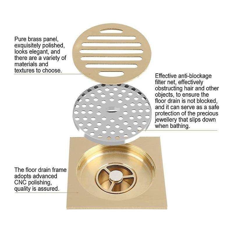 Brass Square Floor Drain 4x4 Inch for Kitchen Toilet Household Floor