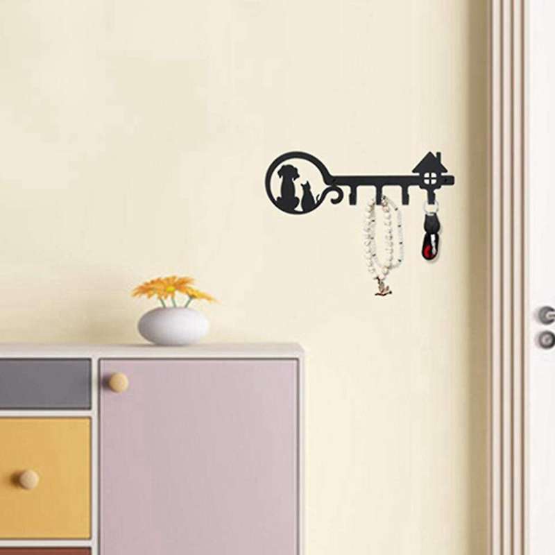 Wall Decor Black Metal Key Holder with 4 Hooks