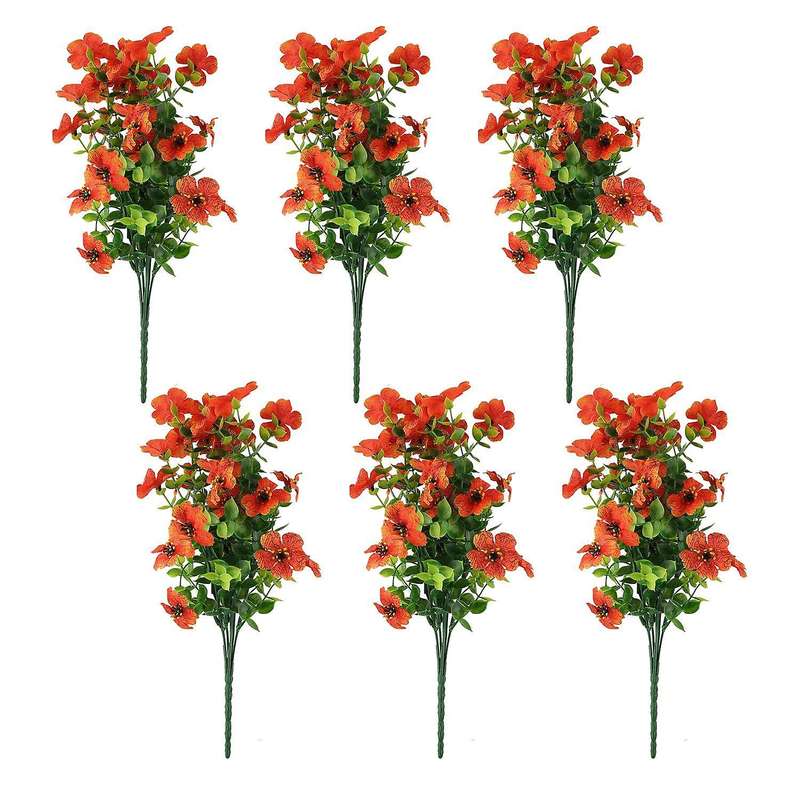 6 Bundles Artificial Flowers Uv Resistant Fake Plants Red