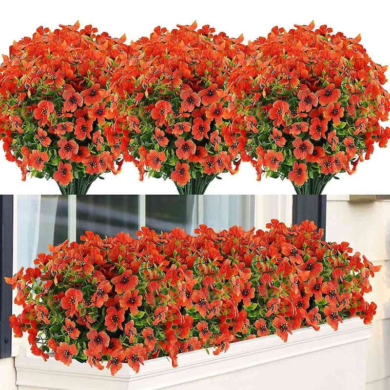 6 Bundles Artificial Flowers Uv Resistant Fake Plants Red