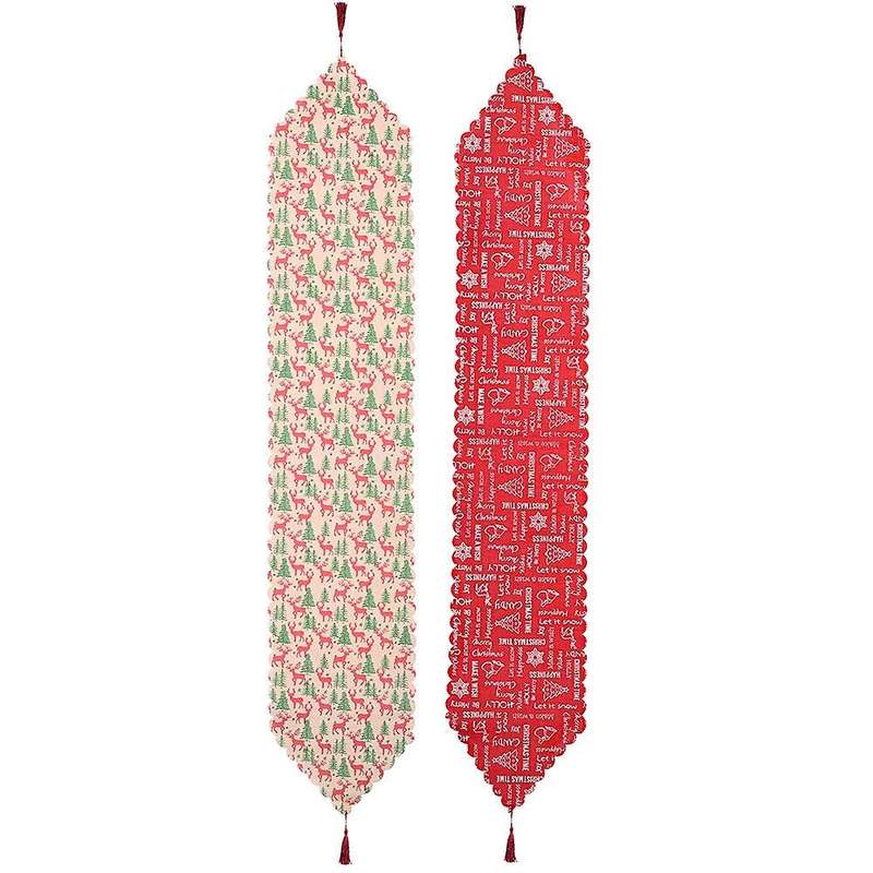 2 Pcs Christmas Table Runner with Elk Christmas Tree Bell Snowflake